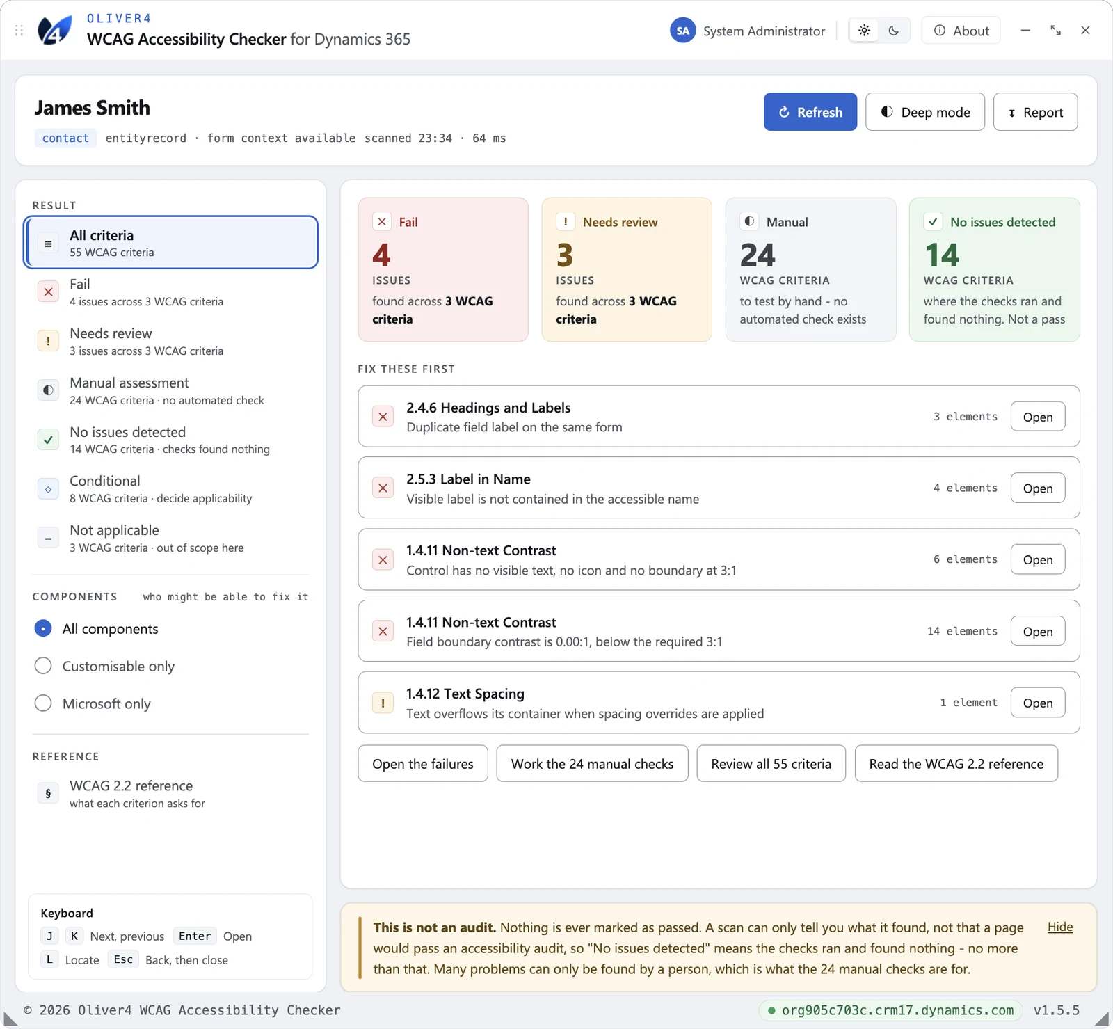 The Overview showing result tiles for Fail, Needs review, Manual and No issues detected, and a fix these first queue