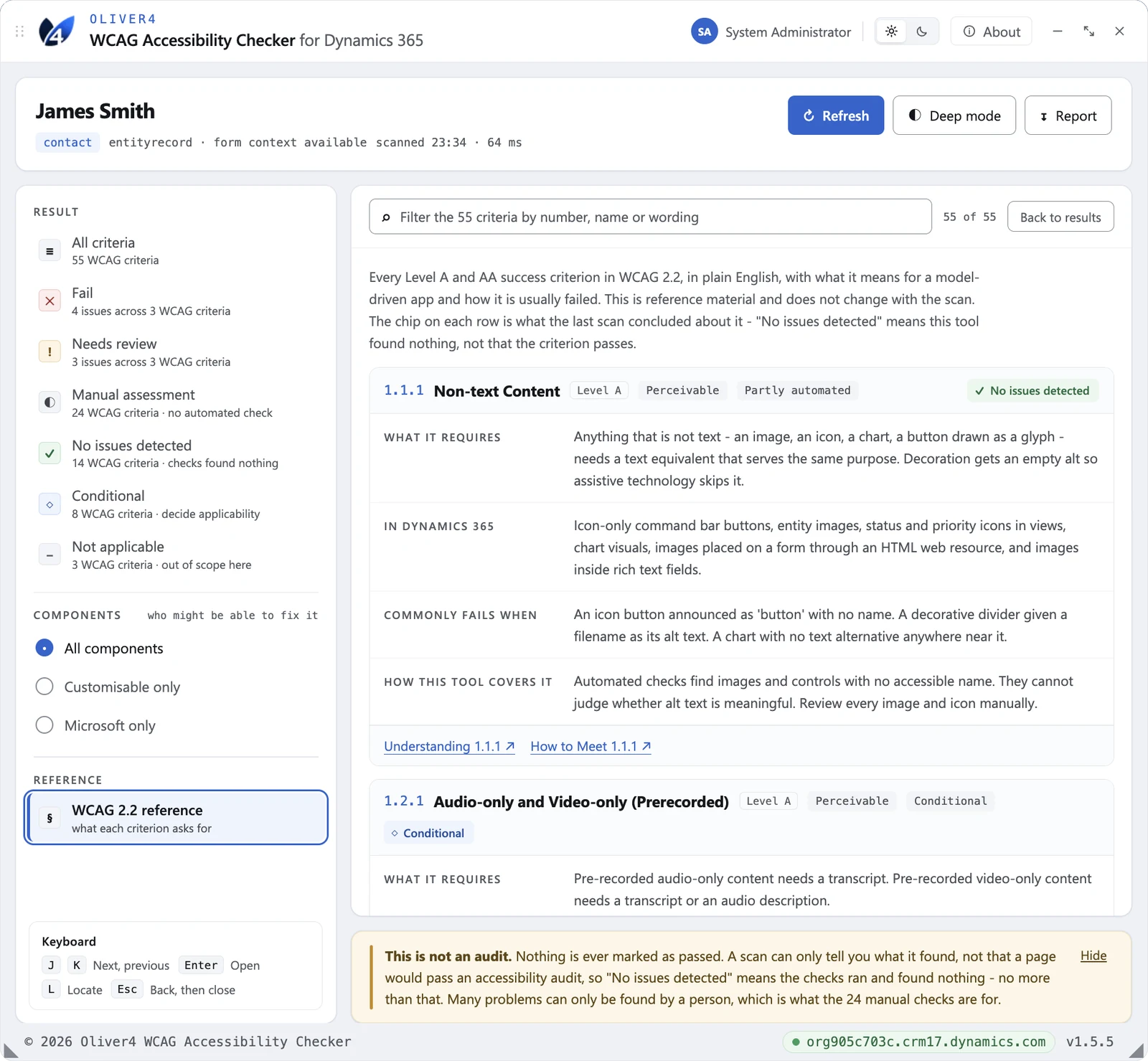 The built-in WCAG 2.2 reference listing Level A and AA criteria in plain English