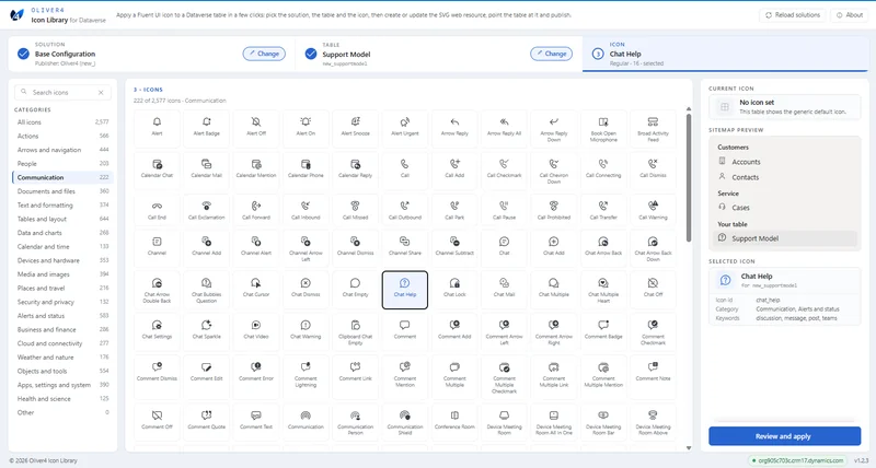 The Oliver4 Icon Library icon grid with the sitemap preview