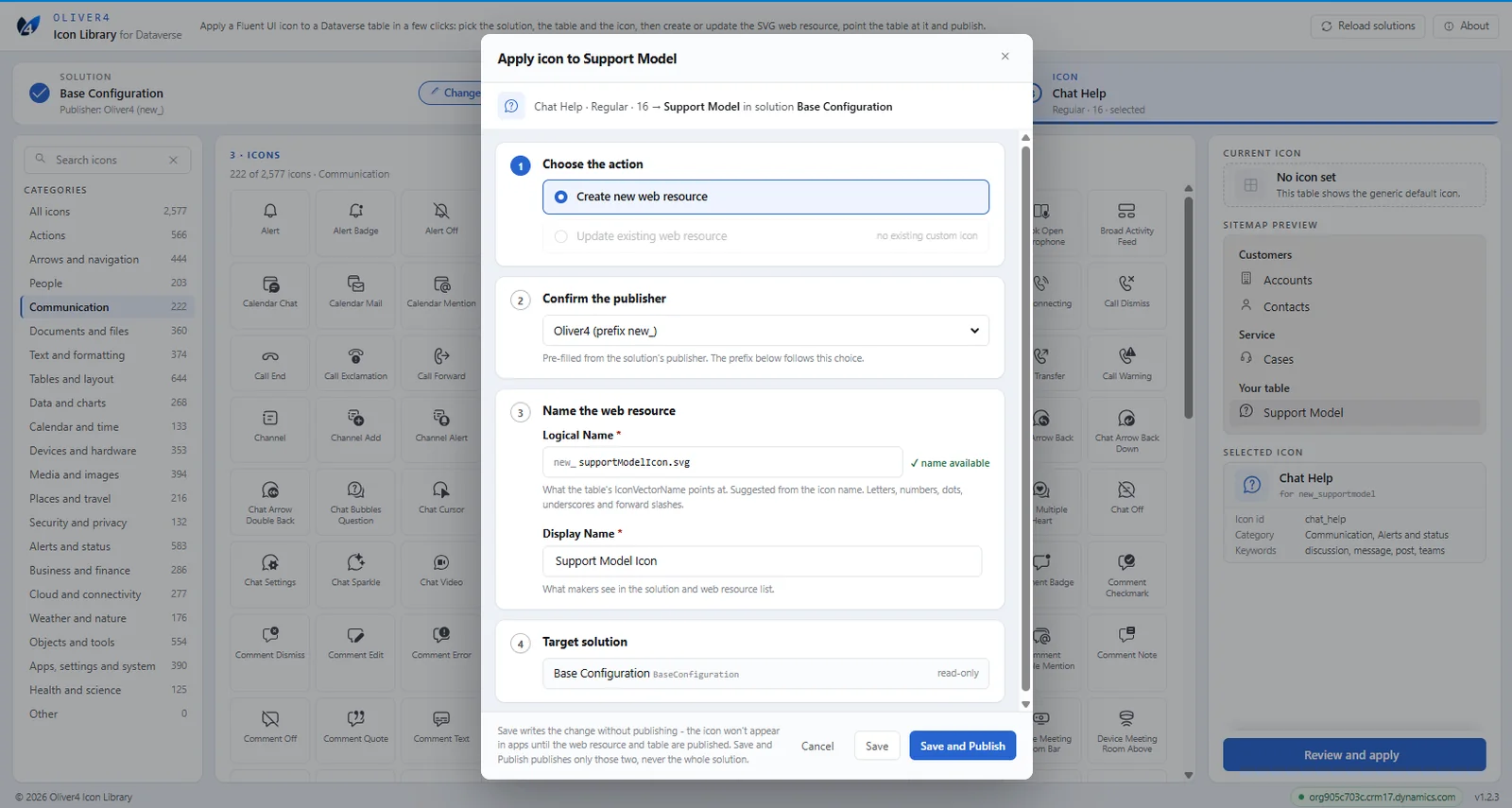 The confirmation panel showing the action, publisher, web resource name and target solution
