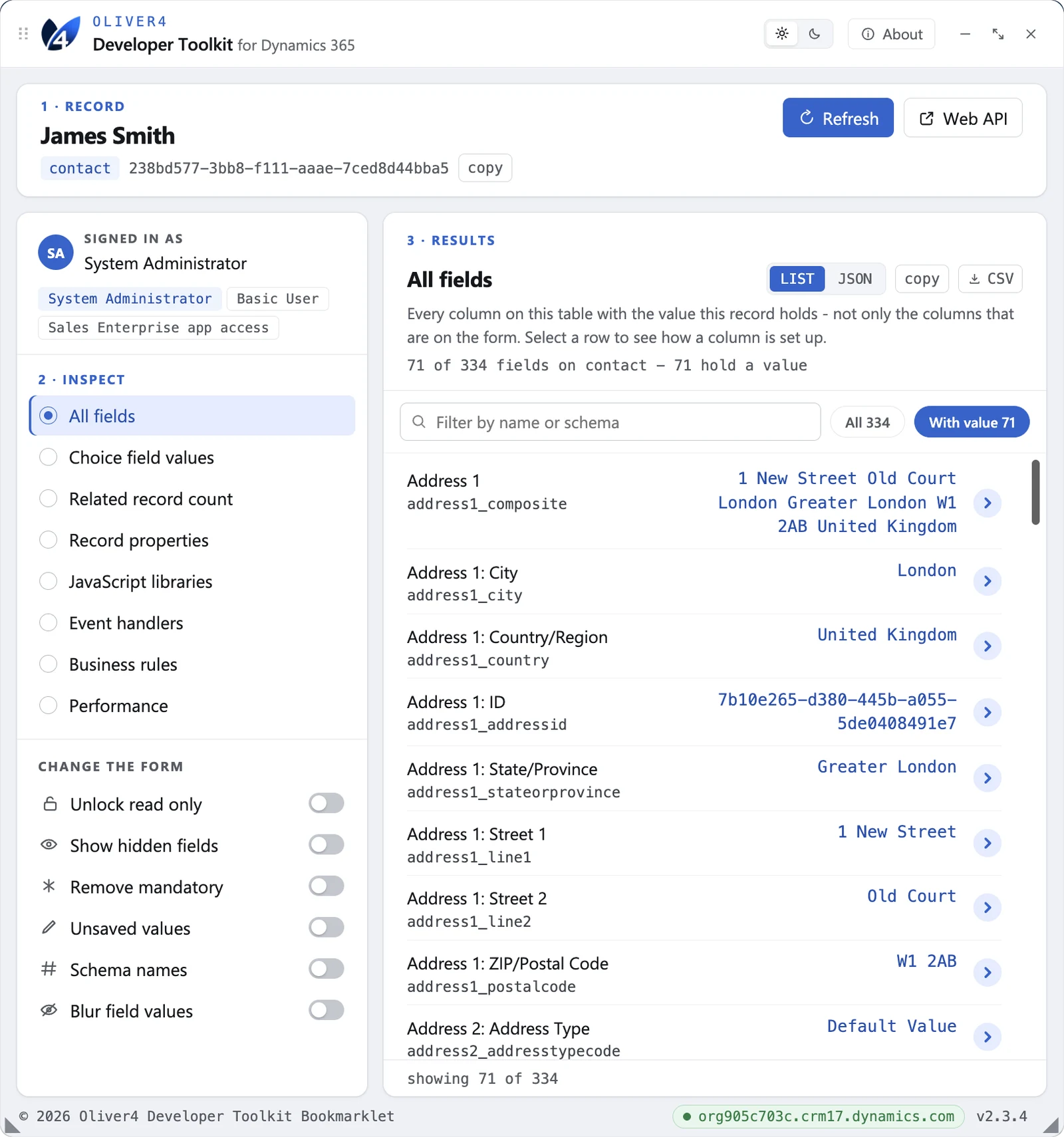 The All fields view listing every column on the record with its value, a name filter and a CSV download