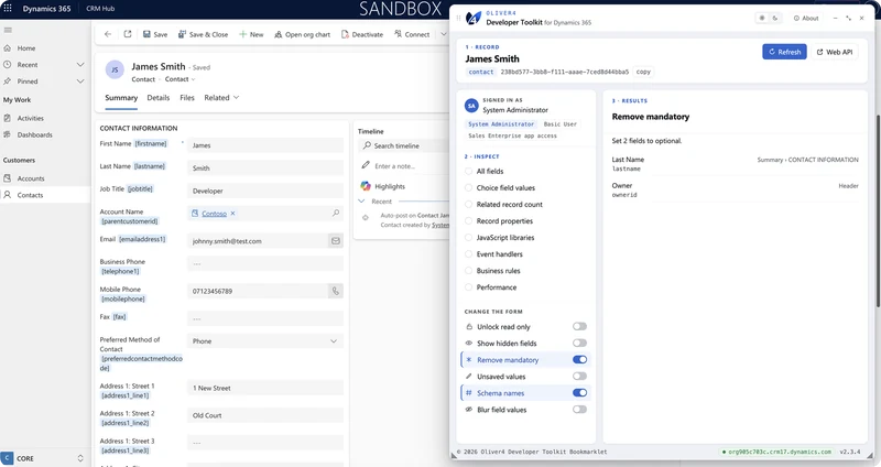 The Oliver4 Developer Toolkit panel open over a Dynamics 365 contact form