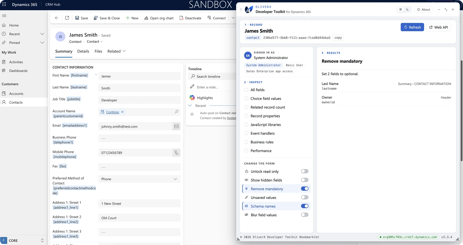 The toolkit panel docked to the right of a Dynamics 365 contact form, with Remove mandatory and Schema names switched on and the results listing the fields set to optional