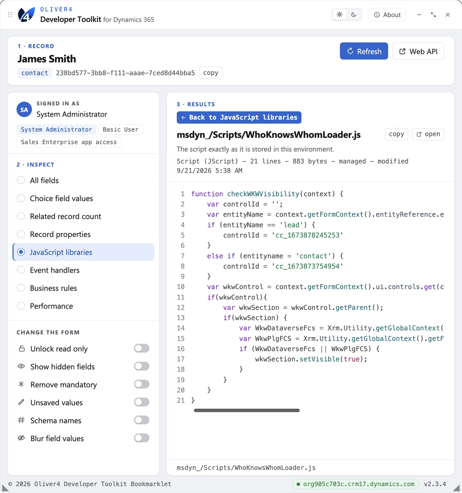 A JavaScript web resource opened in the panel with line numbers and syntax colouring